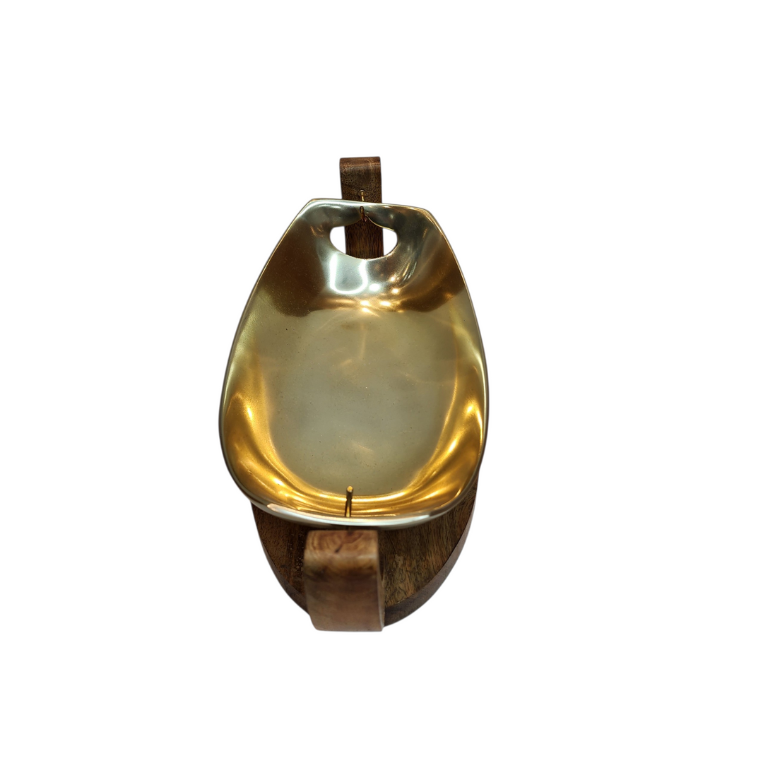 Gold-Tone Oval Serving Bowl with Mango Wood Swing Stand — Small (26.5 × 16 × H13 cm) — View 4