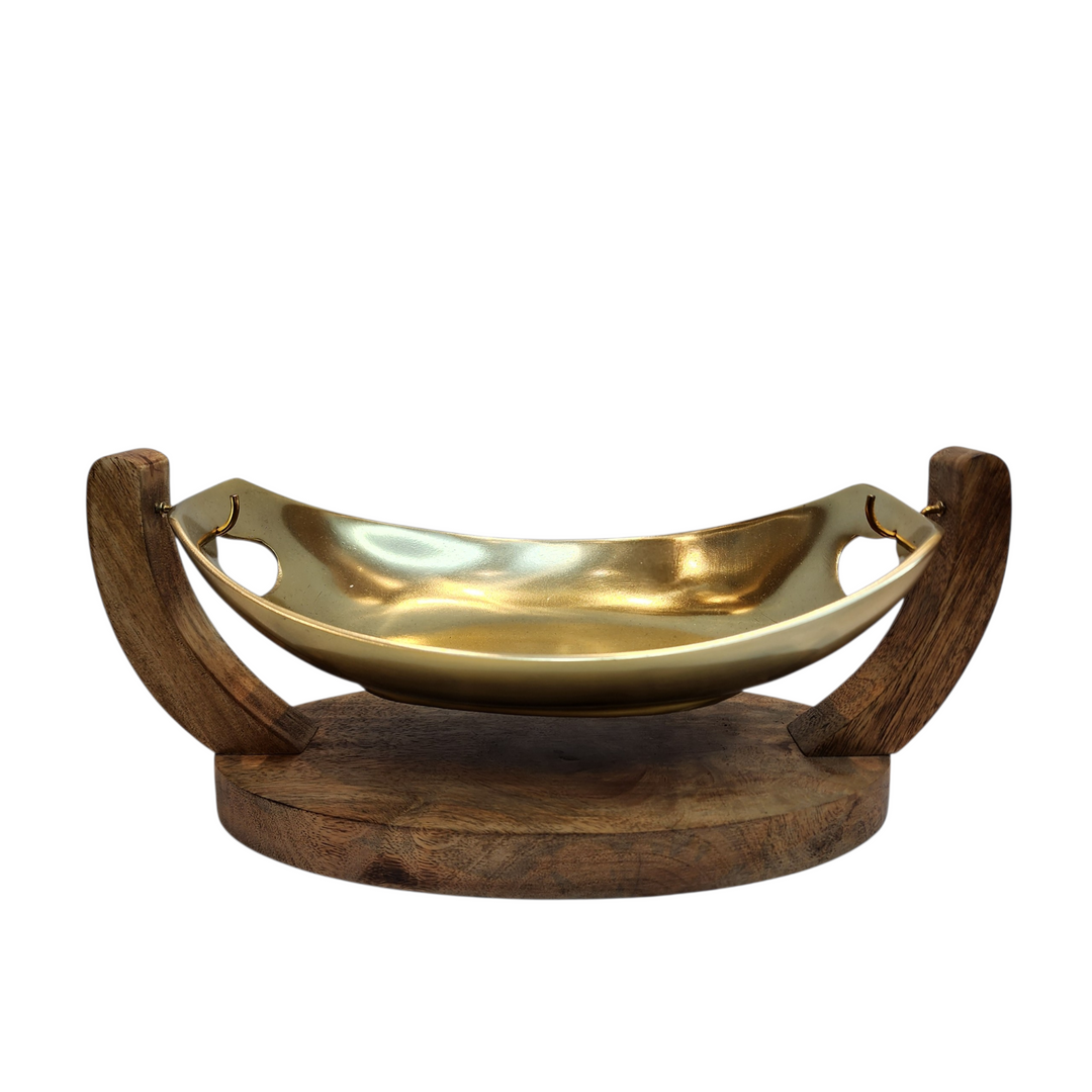 Gold-Tone Oval Serving Bowl with Mango Wood Swing Stand — Medium (34 × 21 × H16 cm)
