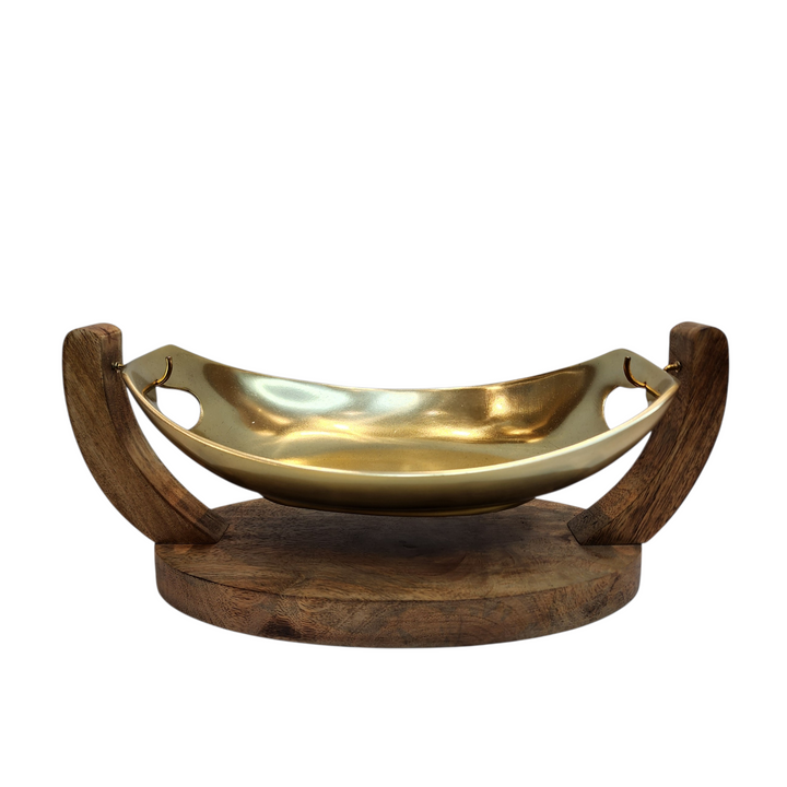 Gold-Tone Oval Serving Bowl with Mango Wood Swing Stand — Medium (34 × 21 × H16 cm)