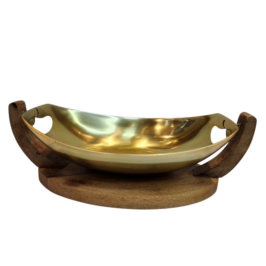 Gold-Tone Oval Serving Bowl with Mango Wood Swing Stand — Medium (34 × 21 × H16 cm) — View 2