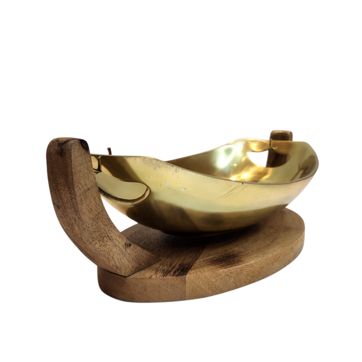 Gold-Tone Oval Serving Bowl with Mango Wood Swing Stand — Medium (34 × 21 × H16 cm) — View 3