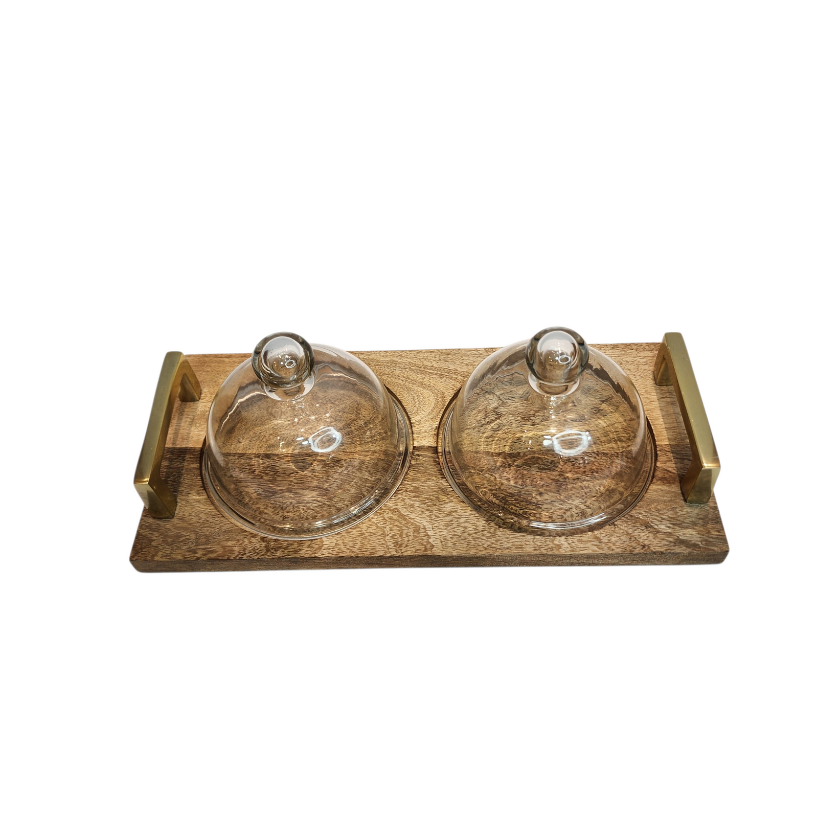 Mango Wood Serving Tray with Two Glass Domes & Gold-Tone Handles