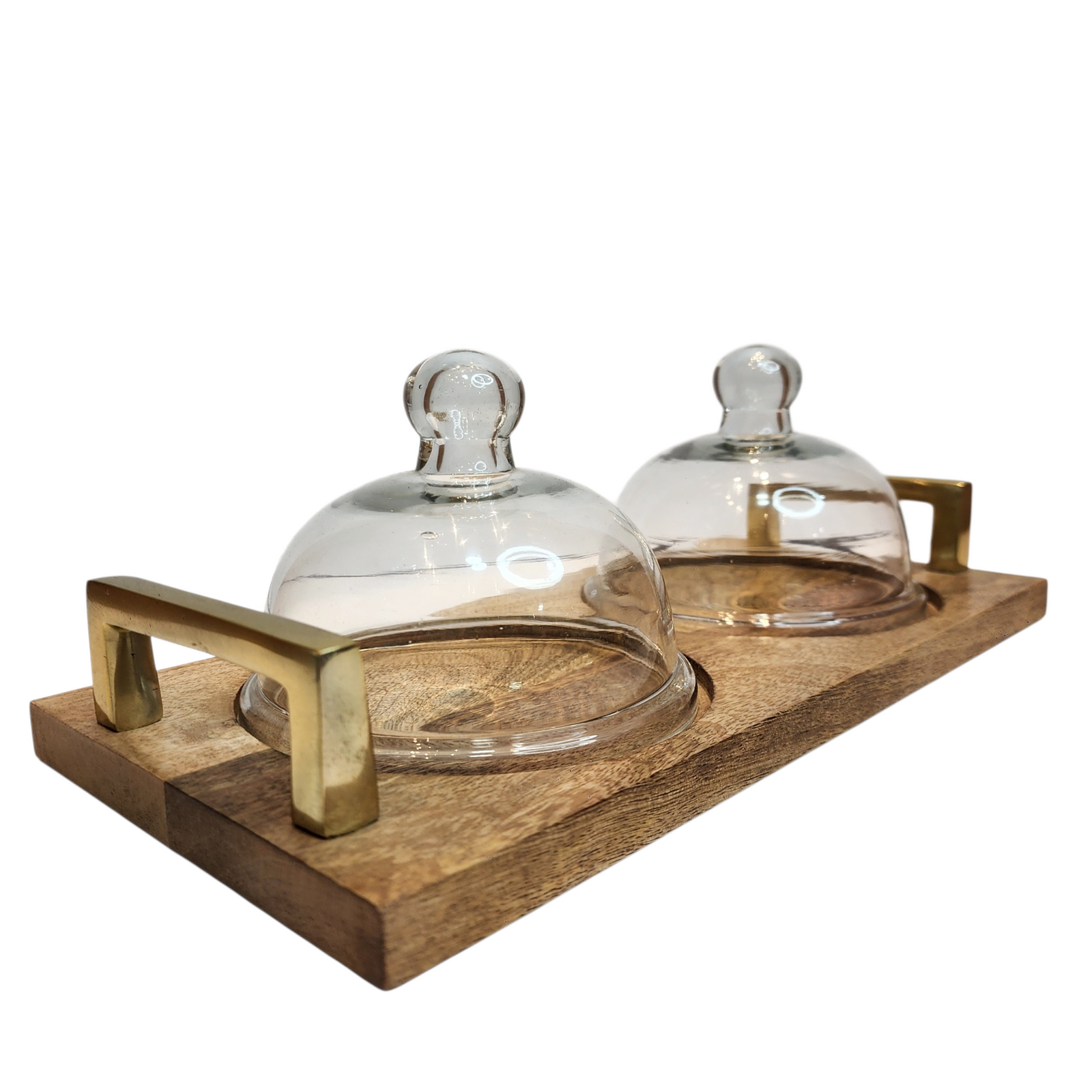 Mango Wood Serving Tray with Two Glass Domes & Gold-Tone Handles — View 2