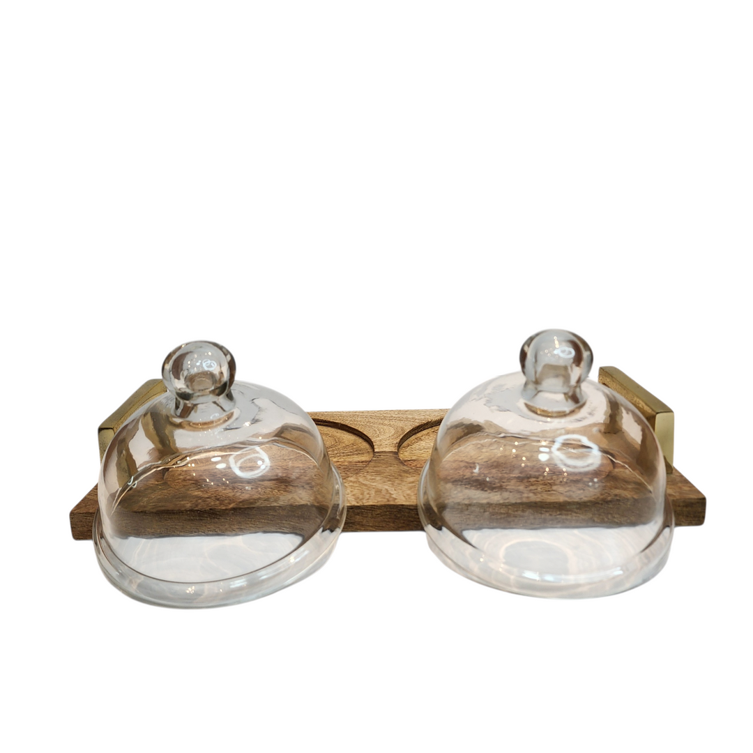 Mango Wood Serving Tray with Two Glass Domes &amp; Gold-Tone Handles — View 3