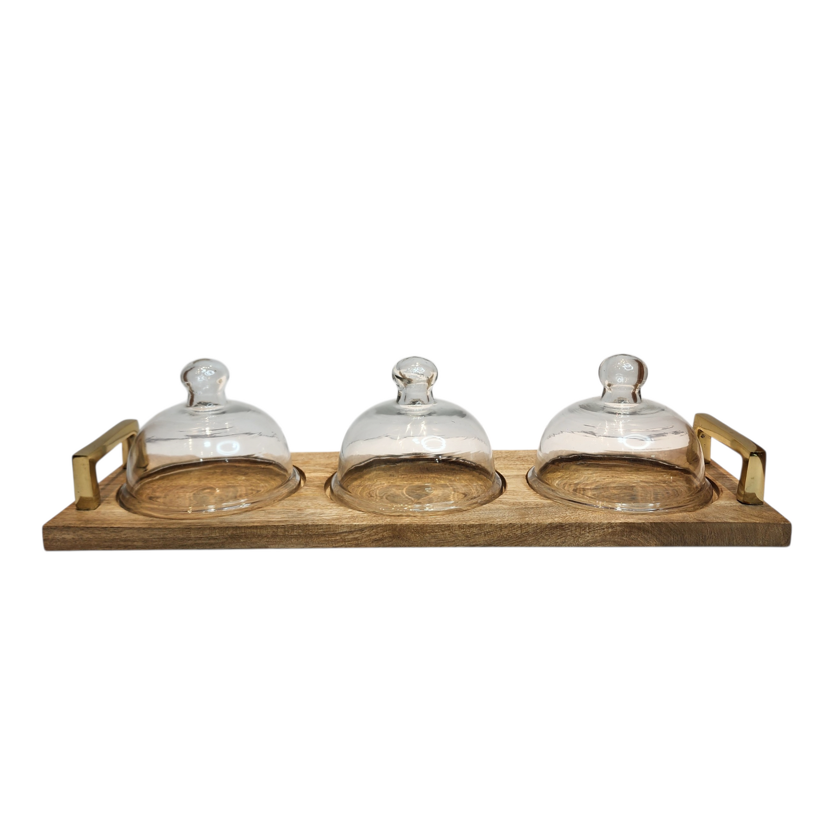 Mango Wood Serving Tray with Three Glass Domes & Gold-Tone Handles