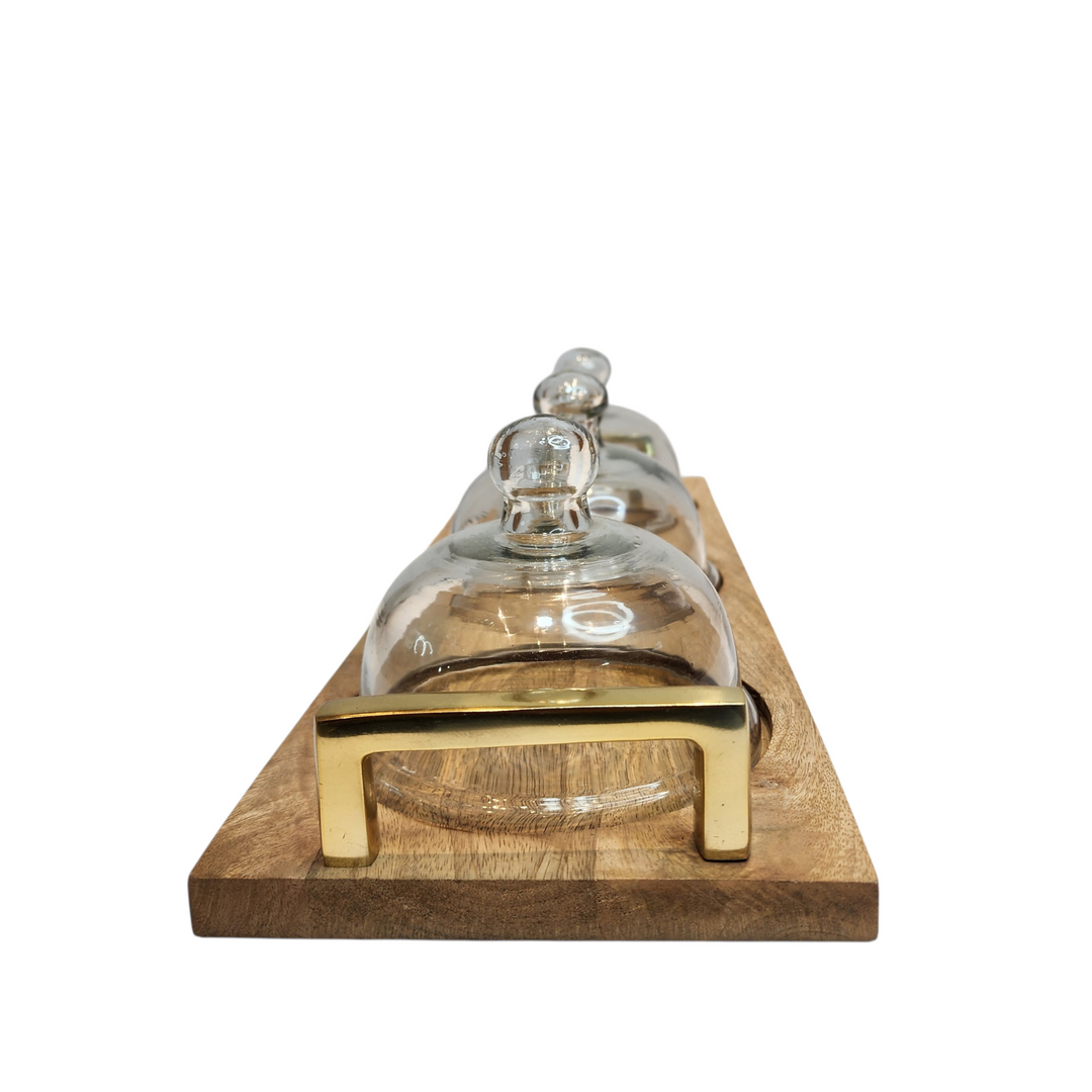 Mango Wood Serving Tray with Three Glass Domes &amp; Gold-Tone Handles — View 2