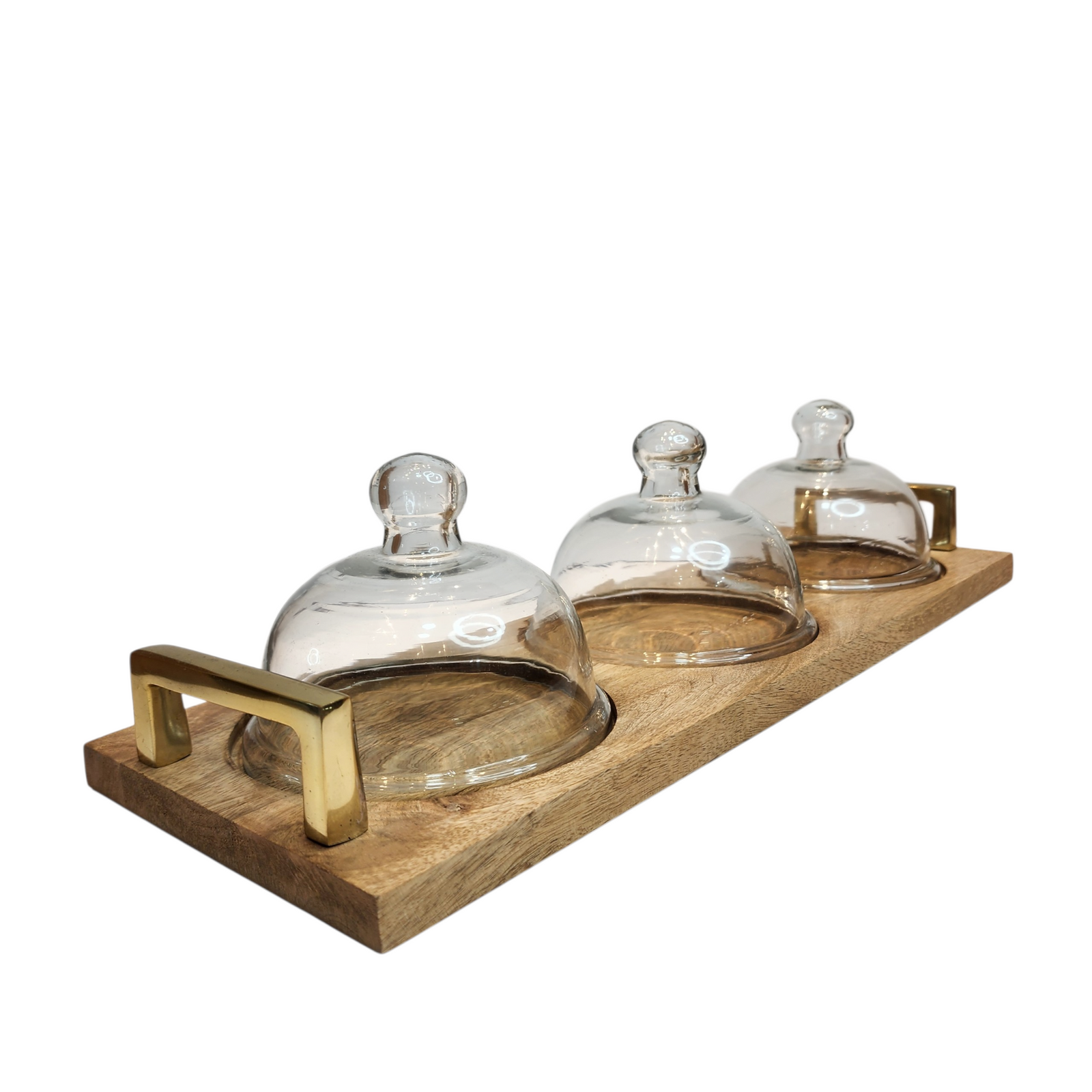 Mango Wood Serving Tray with Three Glass Domes & Gold-Tone Handles — View 3