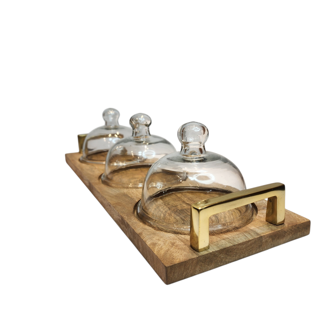 Mango Wood Serving Tray with Three Glass Domes &amp; Gold-Tone Handles — View 4