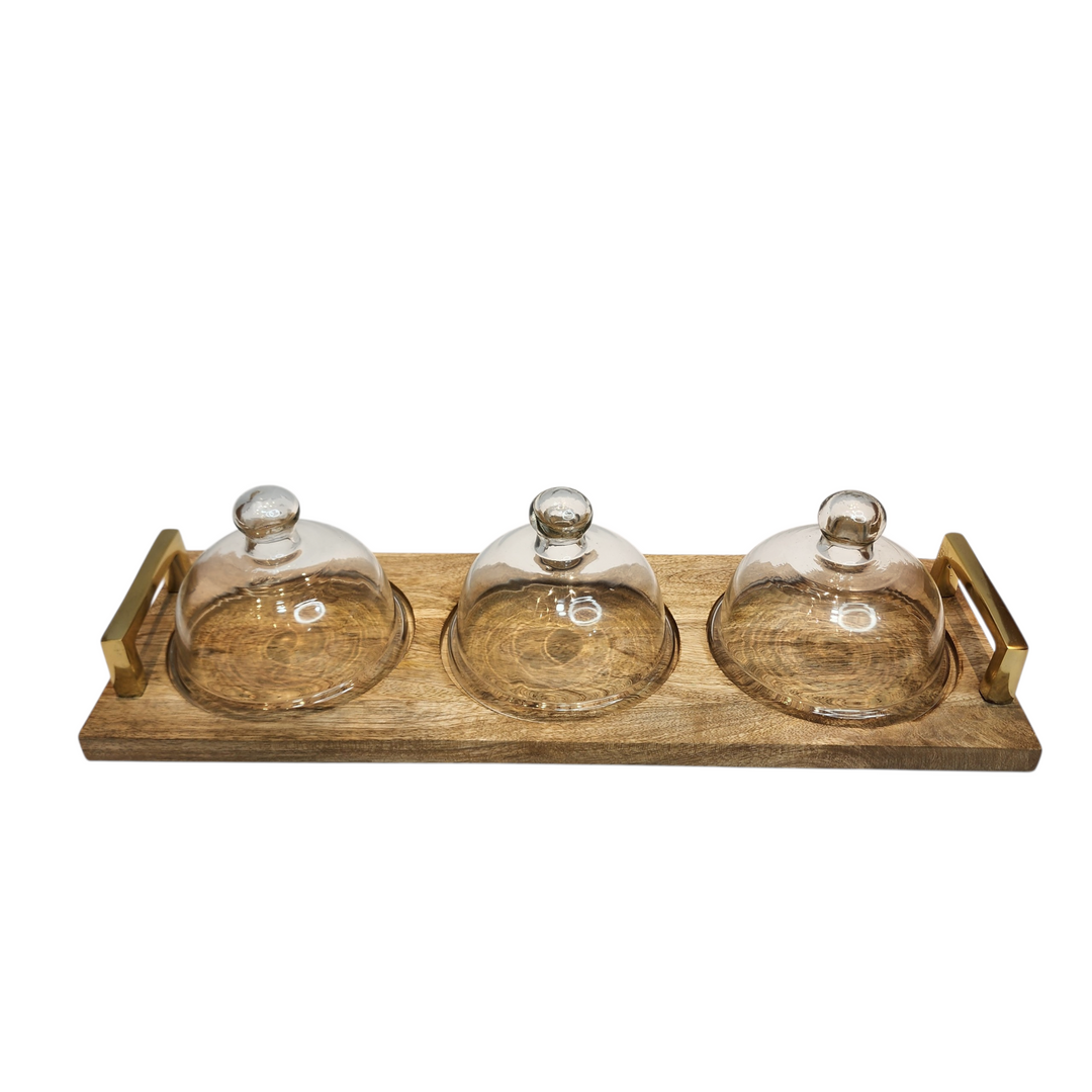 Mango Wood Serving Tray with Three Glass Domes &amp; Gold-Tone Handles — View 5