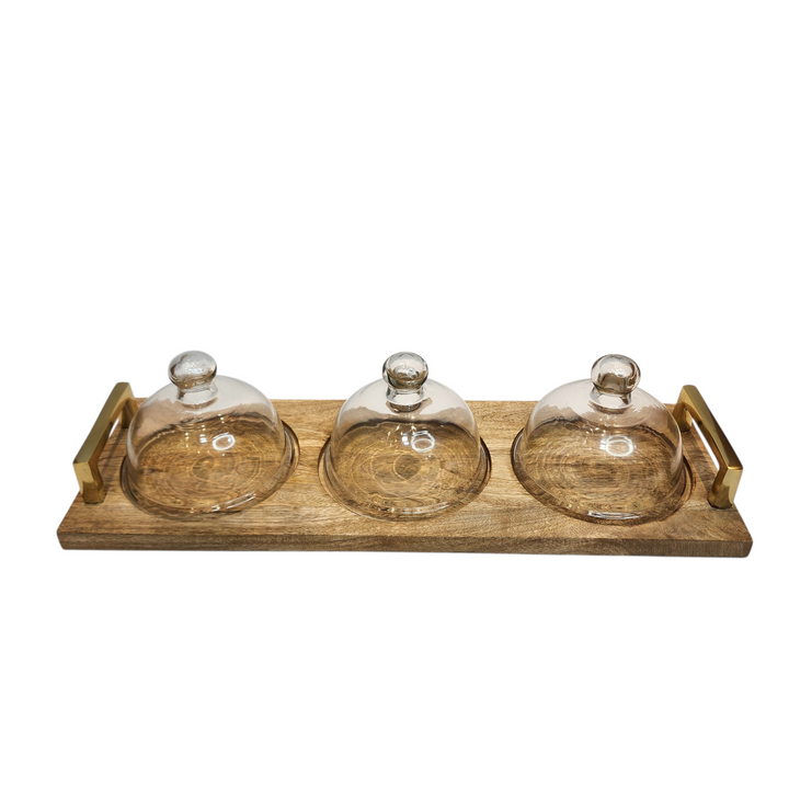 Mango Wood Serving Tray with Three Glass Domes &amp; Gold-Tone Handles — View 5