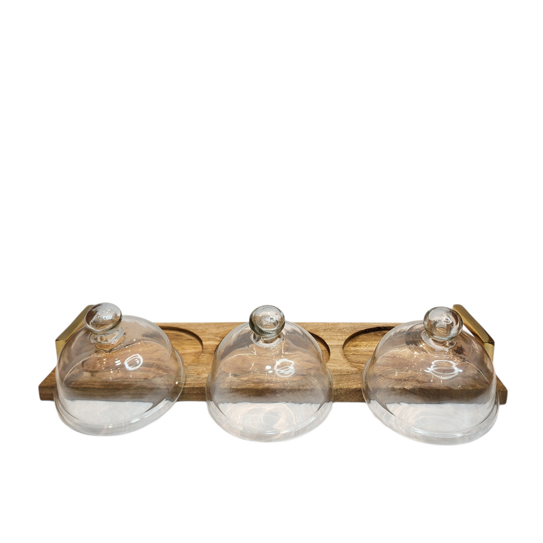 Mango Wood Serving Tray with Three Glass Domes &amp; Gold-Tone Handles — View 6