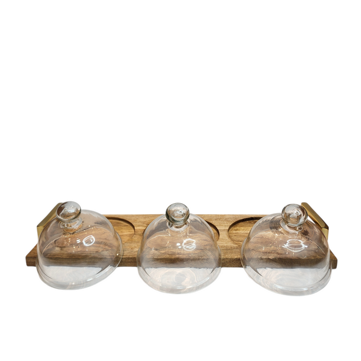 Mango Wood Serving Tray with Three Glass Domes &amp; Gold-Tone Handles — View 6