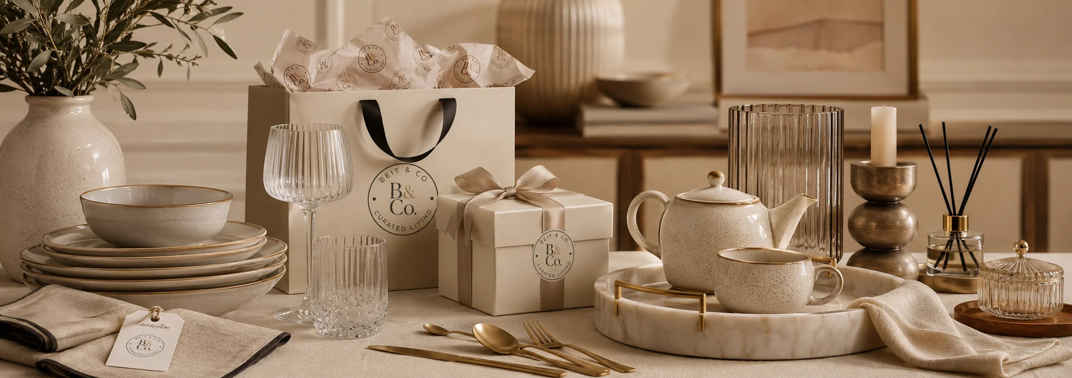 Tea set with a 'B&Co' branded gift bag on a wooden table.