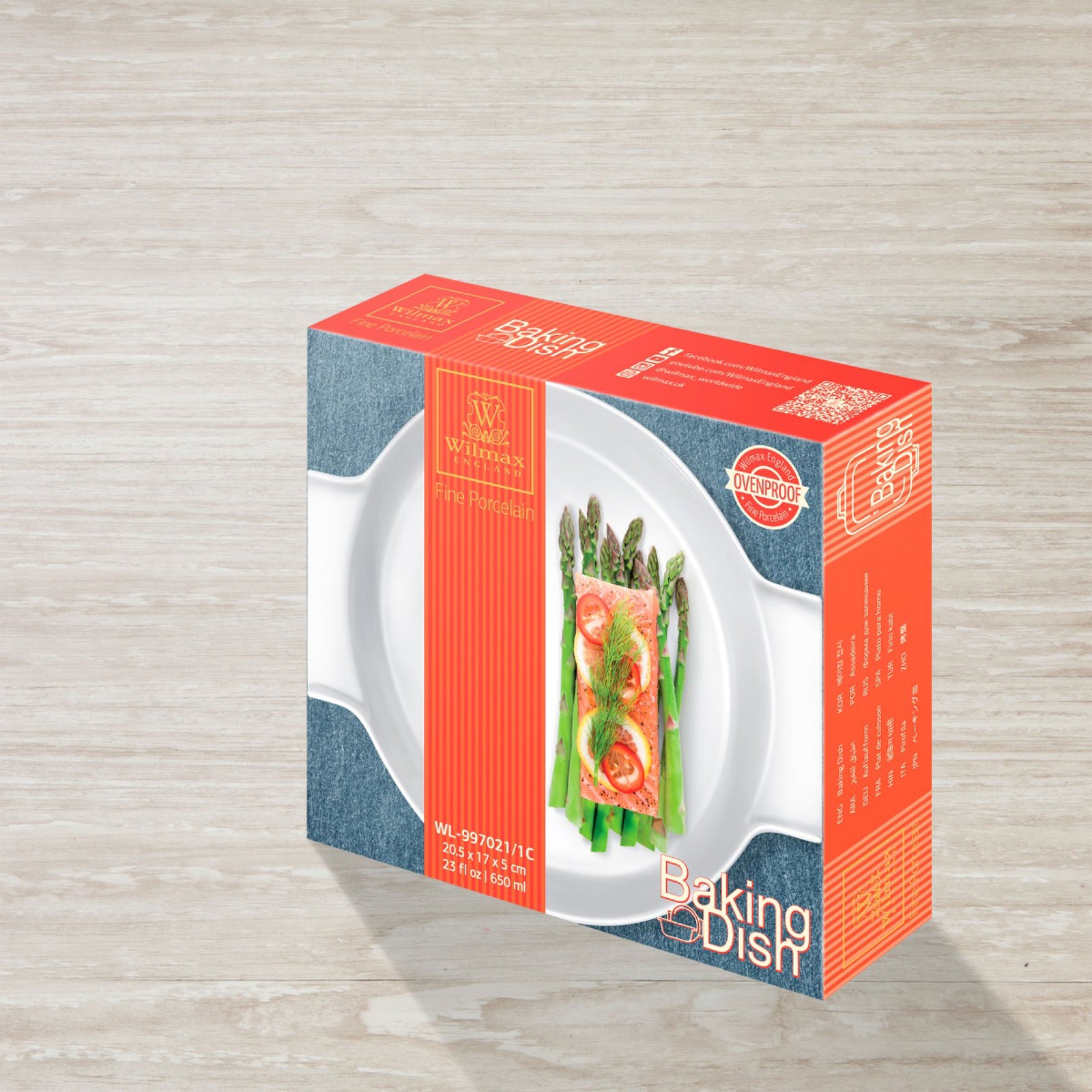 Wilmax White Fine Porcelain Baking Dish with Handles 650 ml packaging